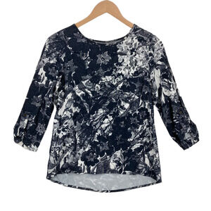 VERO MODA Women Dark Blue & White Floral 3/4 Roll Tab Sleeve Blouse Top Size XS
